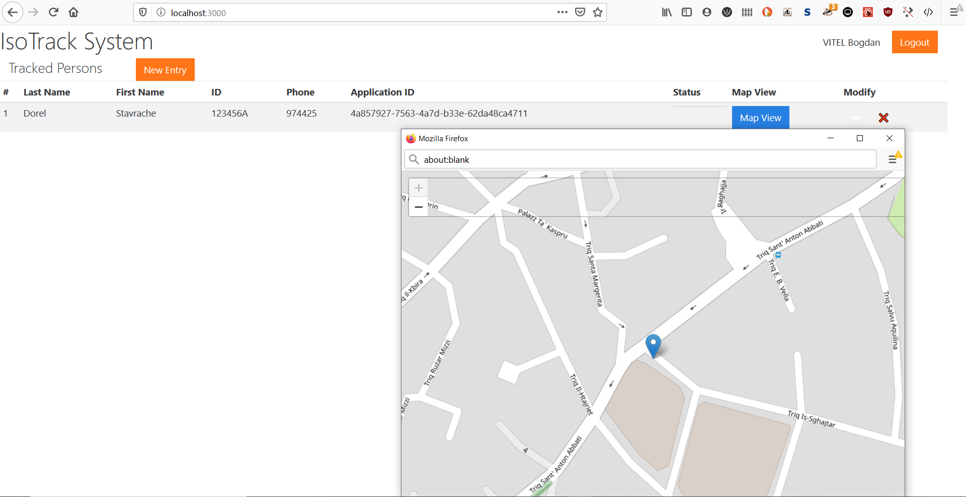 Administration dashboard showing a fictional quarantined person and its location